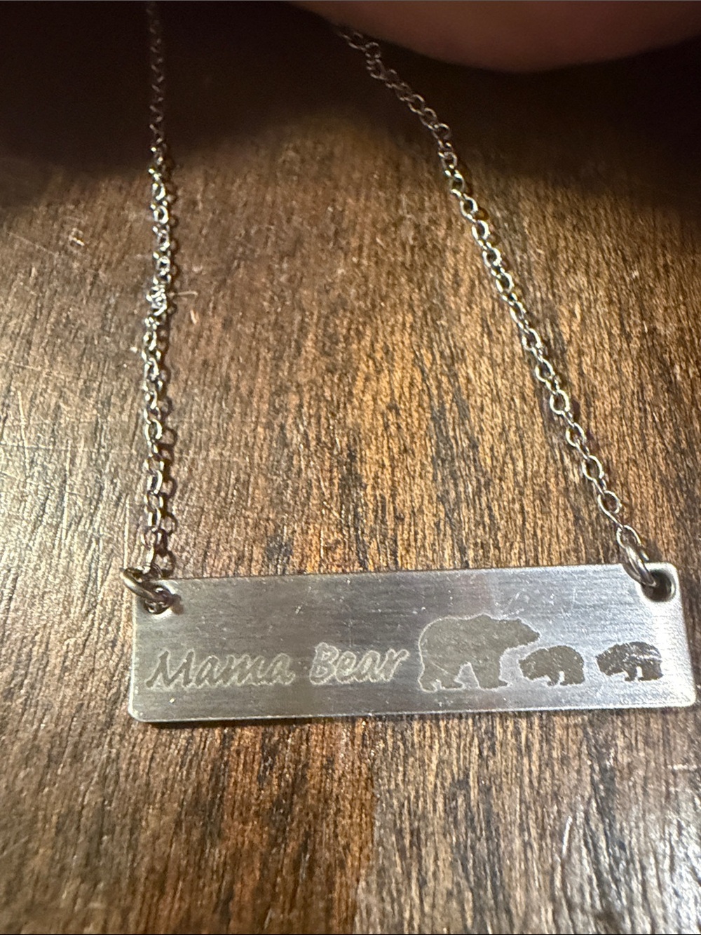 Mama Bear Engraved Bar Necklace - Silver Tone